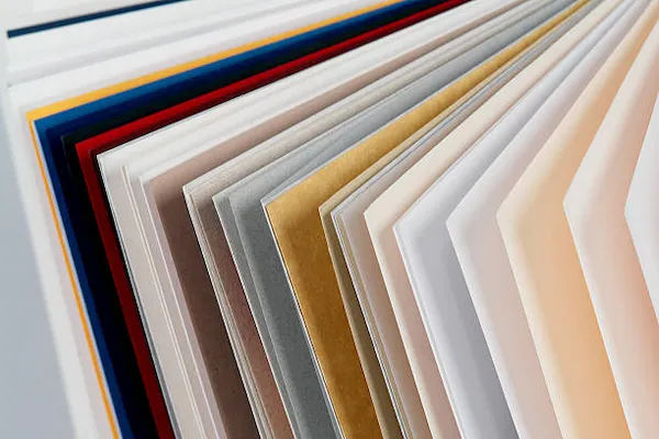 Muestrario de diferentes tipos de papel y cartulinas en capas para imprenta.