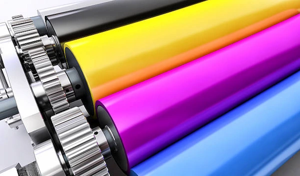 Rodillos de prensa aplicando tintas de colores CMYK sobre pliegos de papel en taller gráfico